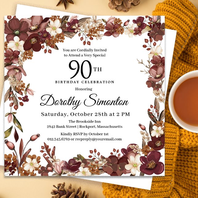 Burgundy Mauve Ivory Fall Floral 90th Birthday Invitation (Need matching party supplies? Message me!)
