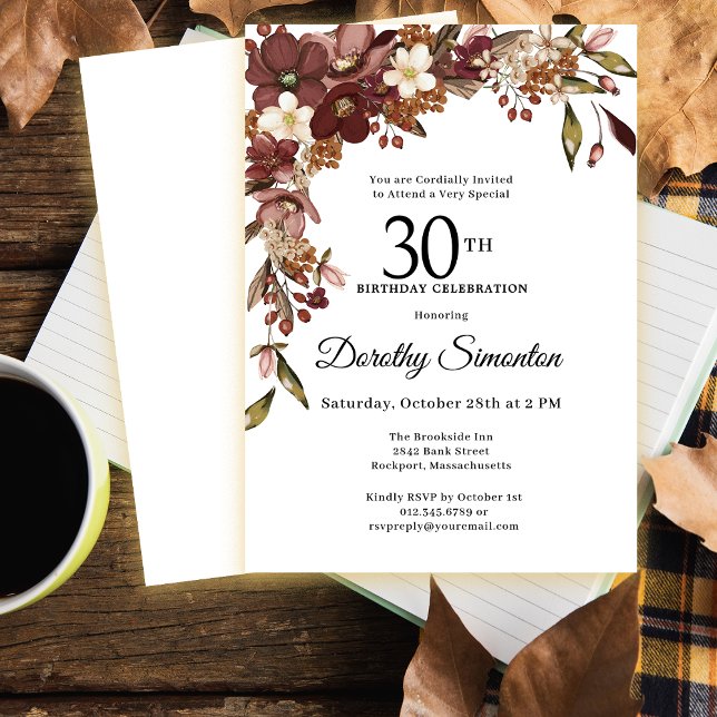 Burgundy Mauve Ivory Fall Flowers 30th Birthday Invitation (Need matching fall party supplies? Message me!)