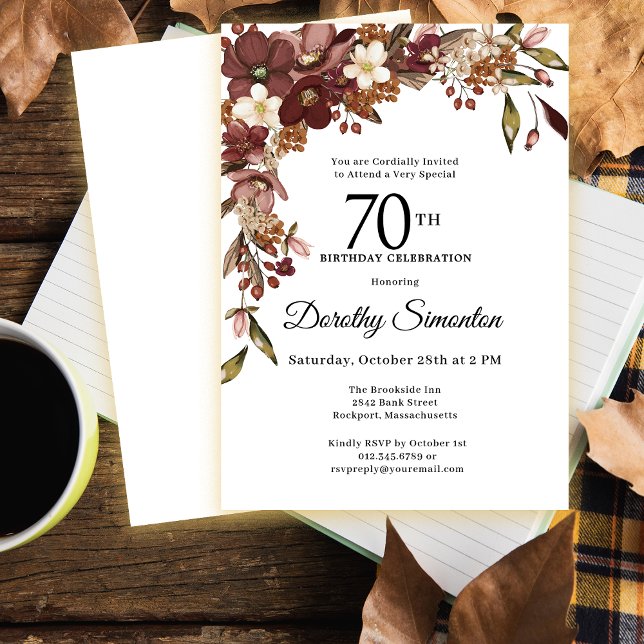 Burgundy Mauve Ivory Fall Flowers 70th Birthday Invitation (Need matching fall floral party supplies? Message me!)