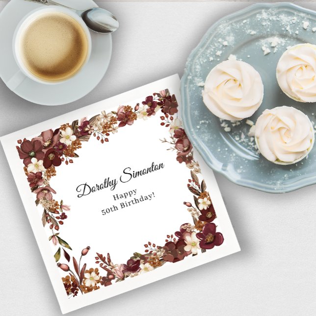 Burgundy Mauve White Fall Flower 50th Birthday Napkin (Need more matching party supplies? Message me!)