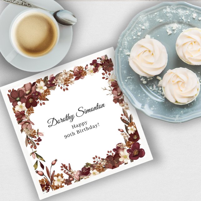 Burgundy Mauve White Fall Flower 90th Birthday Napkin (Need more matching party supplies? Message me!)