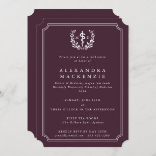 Burgundy MD Asclepius + Laurel Wreath Graduation Invitation