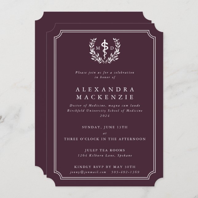 Burgundy MD Asclepius + Laurel Wreath Graduation Invitation (Front/Back)