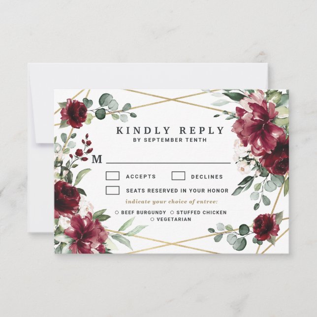 Burgundy Meal Choice Blush Gold Greenery Wedding RSVP Card (Front)