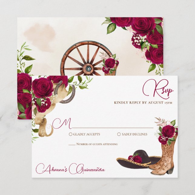 Burgundy Merlot Charro Western Quinceanera RSVP Card (Front/Back)