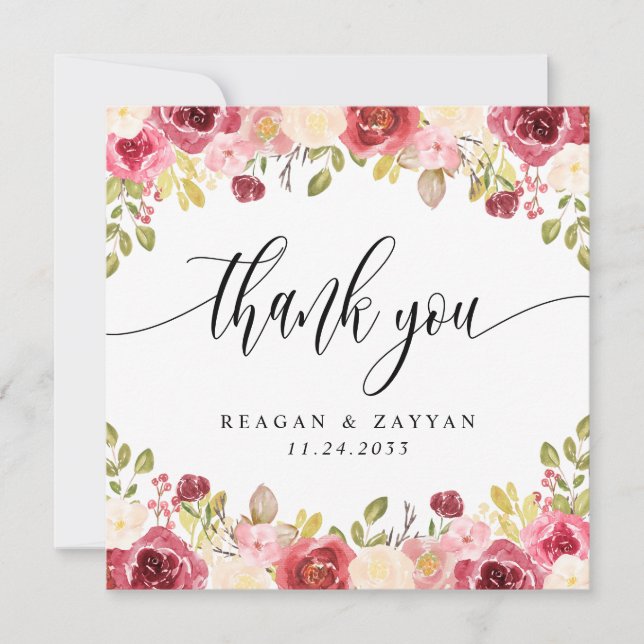 Burgundy Merlot Floral Wedding Thank You Card (Front)