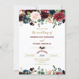 Burgundy Merlot & Navy Blue Floral Blooms Wedding Invitation
