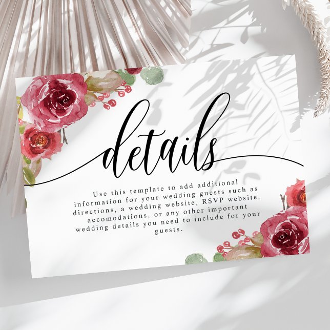 Burgundy Merlot Watercolor Floral Wedding Details Enclosure Card (Creator Uploaded)
