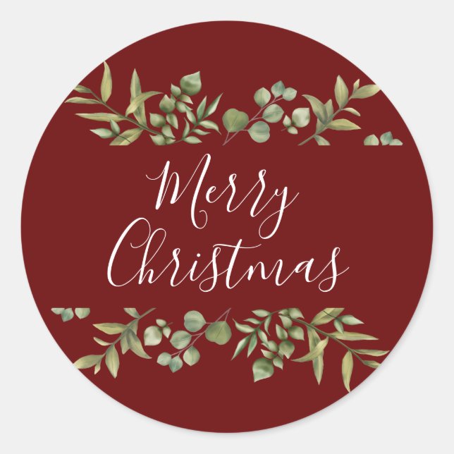 Burgundy Merry Christmas Elegant Script Greenery Classic Round Sticker (Front)