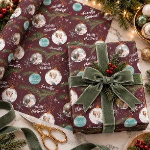 Burgundy Merry Christmas Pine Ornament Photo Wrapping Paper