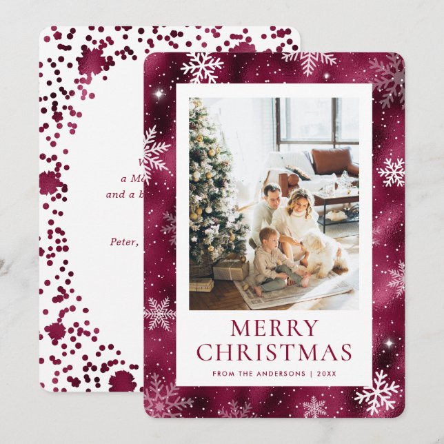 Burgundy Merry Christmas Snowflake Snow Photo Holiday Card (Front/Back)