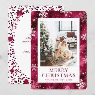 Burgundy Merry Christmas Snowflake Snow Photo Holiday Card