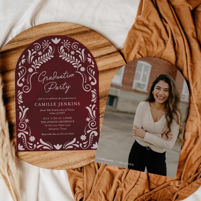 Burgundy Mexican Papel Picado Photo Graduation Invitation (Burgundy Graduation Party Photo Invitation)