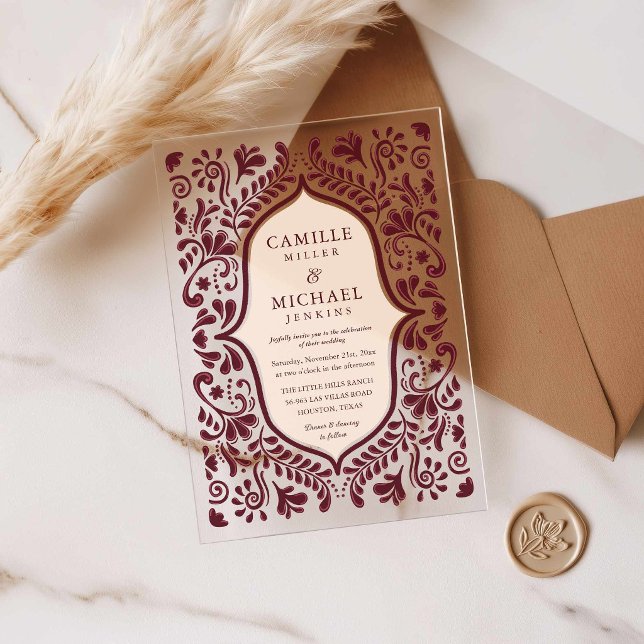 Burgundy Mexican Talavera Acrylic Wedding Invitations (Burgundy Talavera Mexican Wedding Acrylic Invitation)