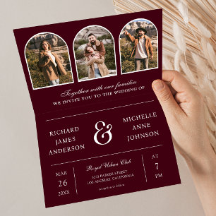 Burgundy Minimal Arch Photo QR code Wedding Invitation