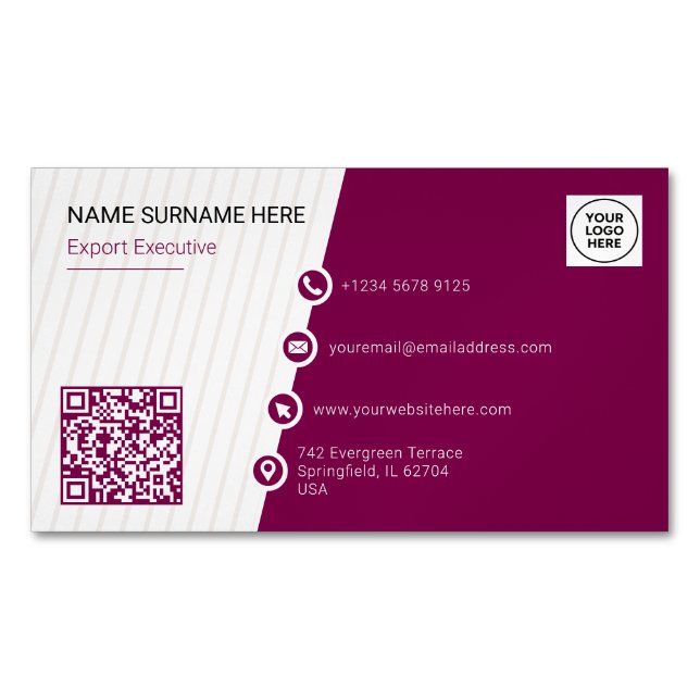 Burgundy Minimal Formal QR Code Magnetic Business Card (Front)