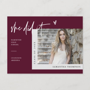 Burgundy Minimal Heart Photo She Did It Graduation Postcard