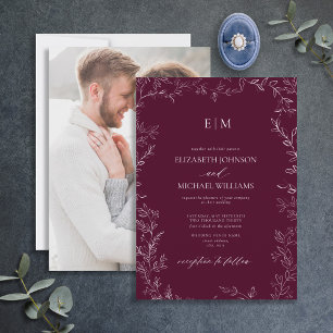 Burgundy Minimal Leaf Photo Monogram Wedding Invitation