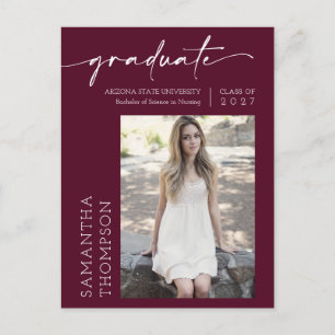 Burgundy Minimal Script She Did It Photo Graduate Postcard