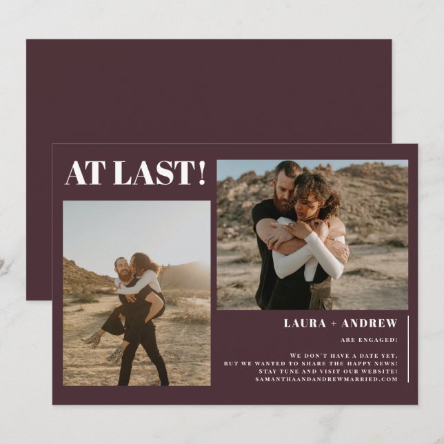 Burgundy minimalist at last 2 photos engagement announcement (Front/Back)