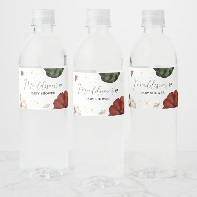 Burgundy Minimalist Autumn Pumpkin Baby Shower  Water Bottle Label (Bottles)
