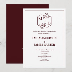 Burgundy Minimalist Botanical Monogram Wedding Invitation