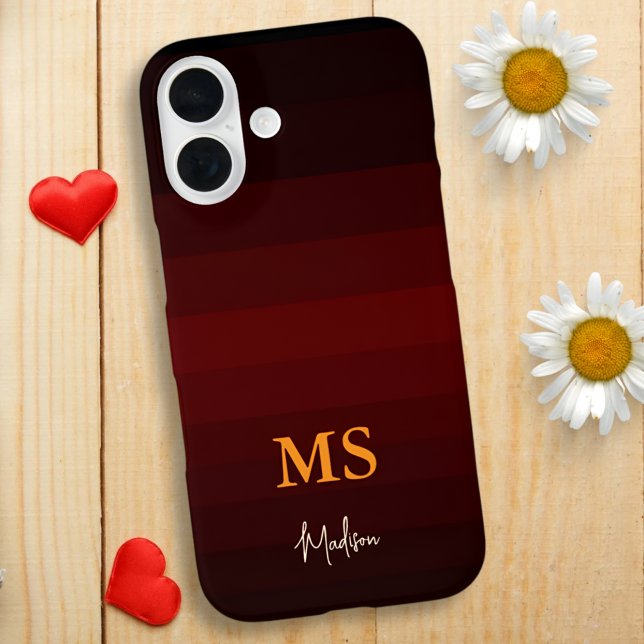 Burgundy Minimalist Colour Stripes with Monogram  Case-Mate iPhone Case (Creator Uploaded)