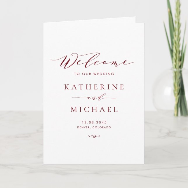 Burgundy Minimalist Dainty Script Wedding Programme (Front)