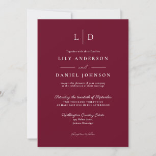 Burgundy Minimalist Elegant Monogram Wedding Invitation
