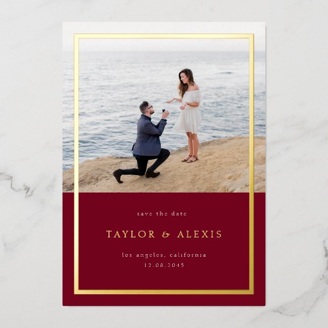 Burgundy Minimalist Frame Photo Save the Date Gold (Front)