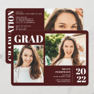Burgundy minimalist modern 3 photos graduation invitation