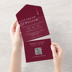 Burgundy Minimalist Monogram QR Code Wedding All In One Invitation