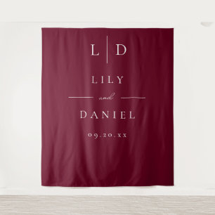 Burgundy Minimalist Monogram Wedding Backdrop Tapestry