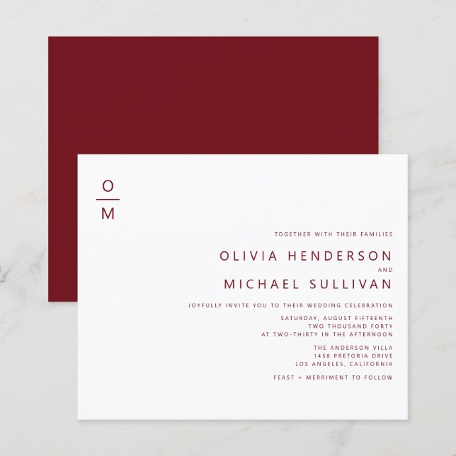 Burgundy Minimalist Monogram Wedding Invitation (Front/Back)