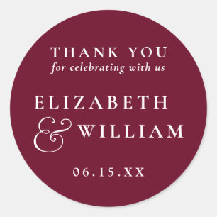 Burgundy Minimalist Monogram Wedding Thank You Classic Round Sticker