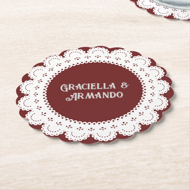 Burgundy Minimalist Paper Wedding Coasters (Angled)