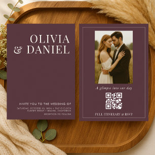 Burgundy Minimalist Photo QR Code Wedding Invitation