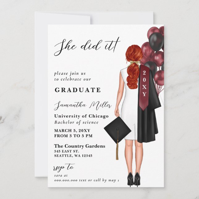 Burgundy Minimalist Photo She Did It Graduation Invitation (Front)
