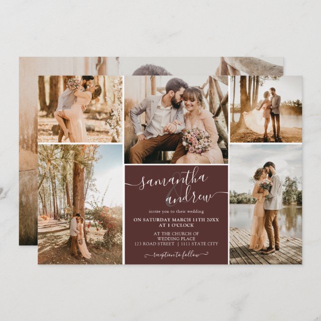 Burgundy minimalist script 6 photos wedding invitation (Front/Back)