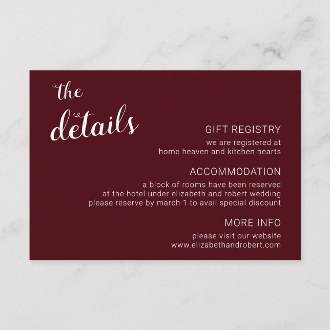 Burgundy Minimalist Script Calligraphy Wedding Enclosure Card (Front)