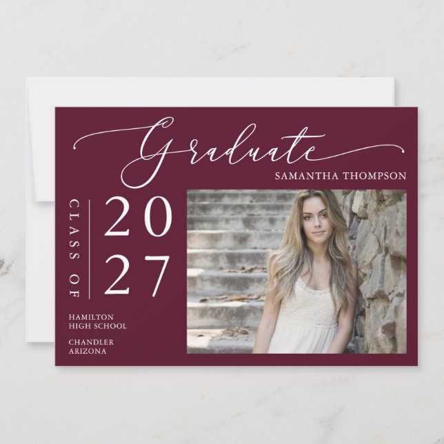 Burgundy Minimalist Script School Graduate Photo Invitation (Front)