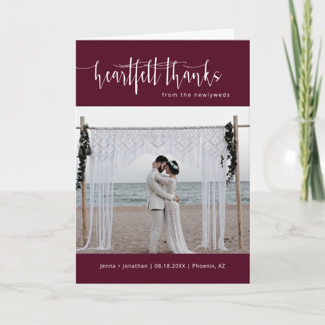 Burgundy Minimalist Script Wedding Photo Folded Thank You Card (Front)