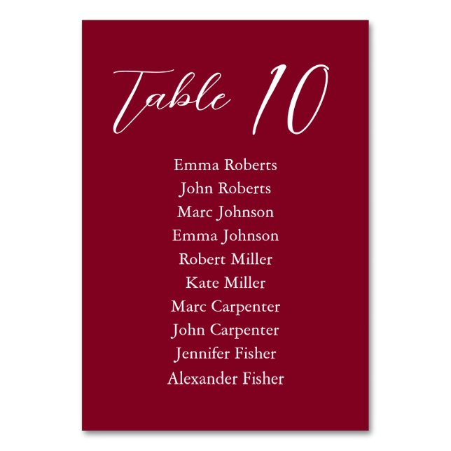 Burgundy Minimalist Script Wedding Seating Plan Table Number (Front)