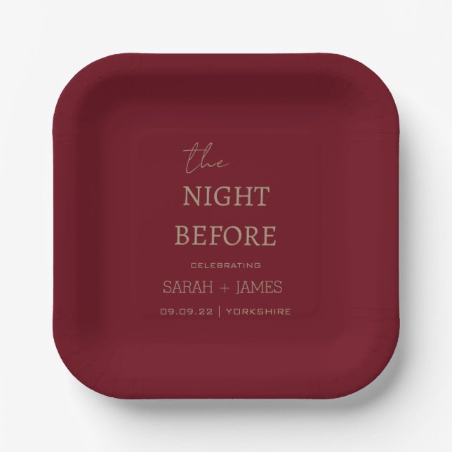 Burgundy Minimalist The Night Before Wedding Party Paper Plate (Front)