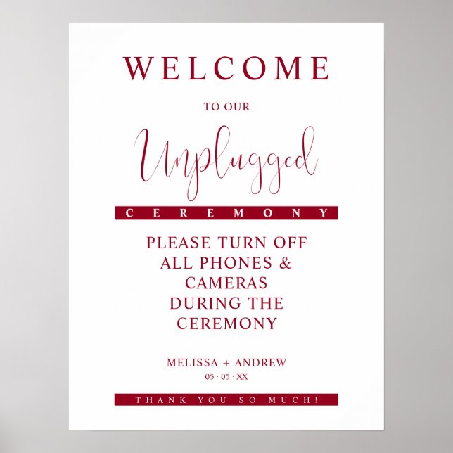 Burgundy Minimalist Unplugged Wedding Sign (Front)