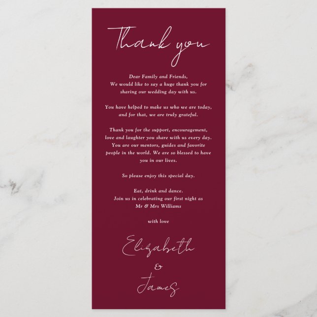Burgundy Minimalist Wedding Thank You Place Card (Front)