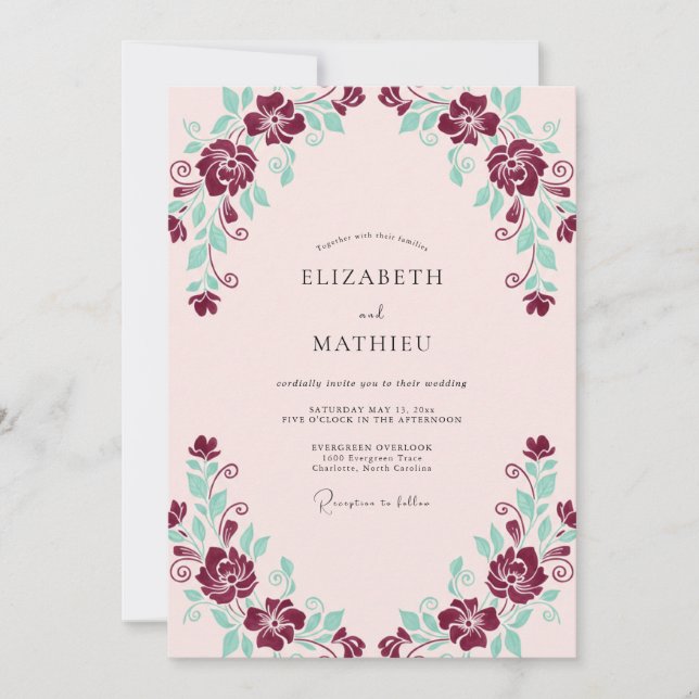Burgundy Mint Romantic Floral Wedding Invitation (Front)