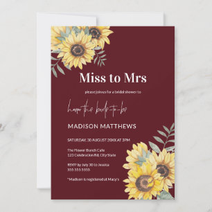 Burgundy Miss to Mrs Sunflower Bridal Shower  Invitation