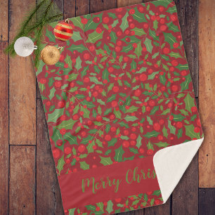 Burgundy Mistletoe Merry Christmas Holiday Sherpa  Blanket