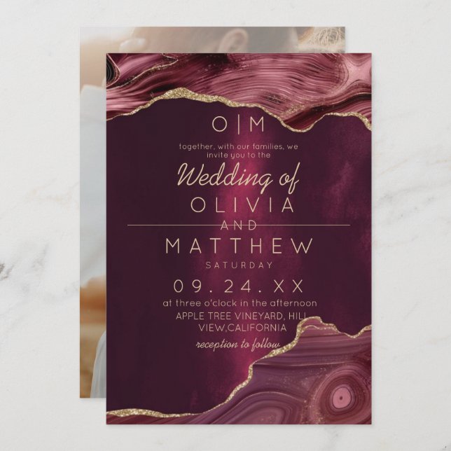 Burgundy Modern Agate Wedding   Invitation (Front/Back)